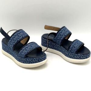 MICHAEL Michael Kors Presley Navy Blue Monogram Wedge Sandals size 6